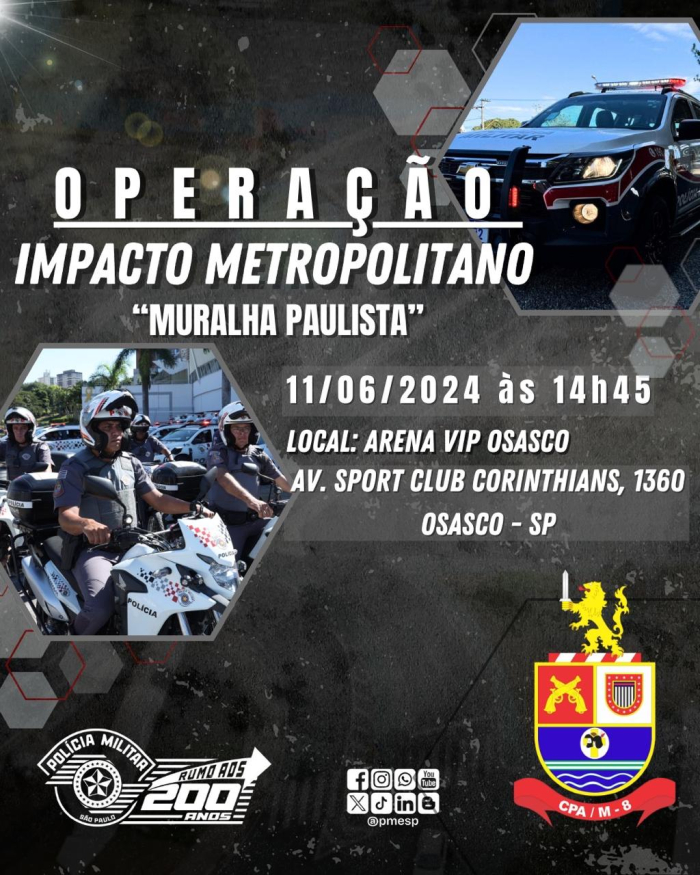 Polícia Militar realizará dia 11 em Osasco Operação Impacto Metropolitano Muralha Paulista